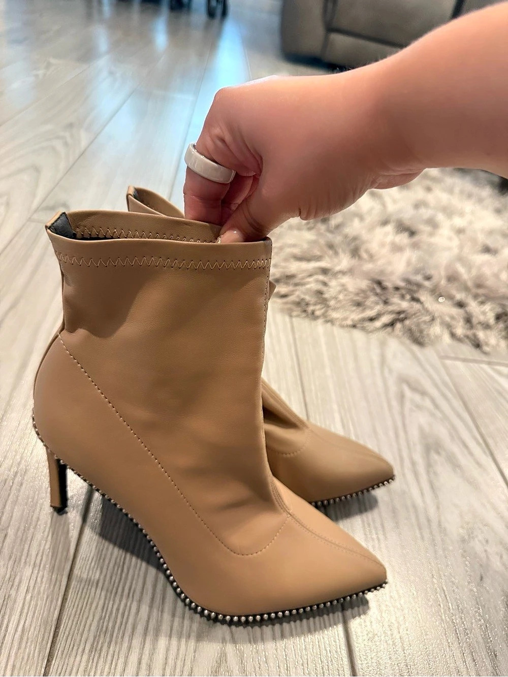 NWOT- Bar III Studded Pointed-Toe Heeled Boots Beige